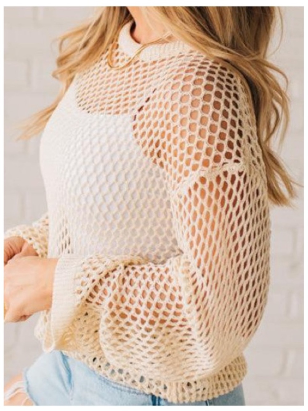 🟠NWT BIBI Open Knit Drop Shoulder Pullover in Cream MED - Picture 8 of 11